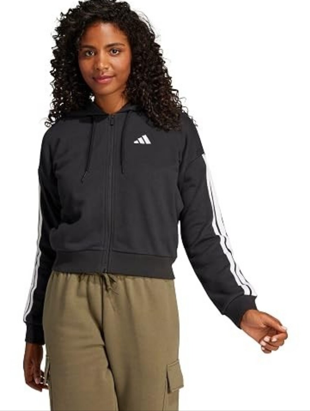 Adidas Black Full Zip-Up Fleece Hoodie Jacket with White Three Stripes Size: XS